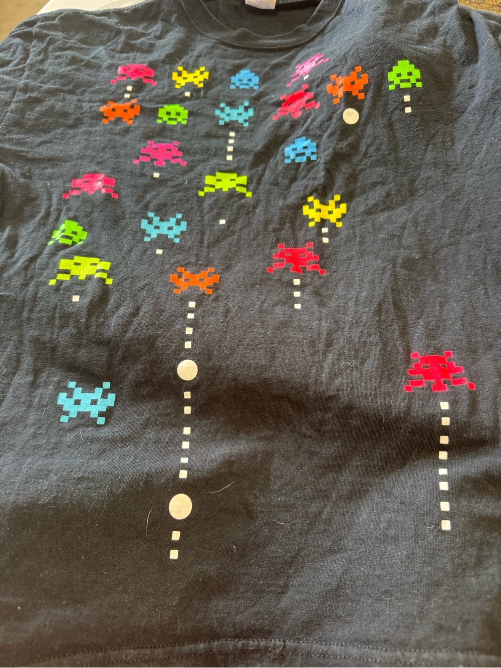 Pixel Arcade Gamer Tee in Black with Neon Invaders (a2-40)